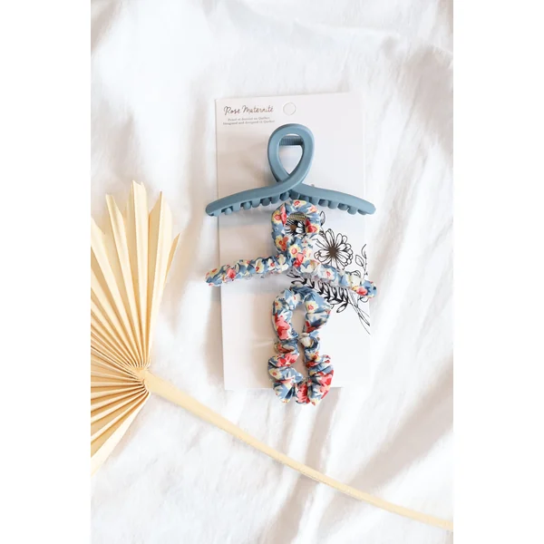 TRIO: 2 pinces & mini chouchou - bleu floral