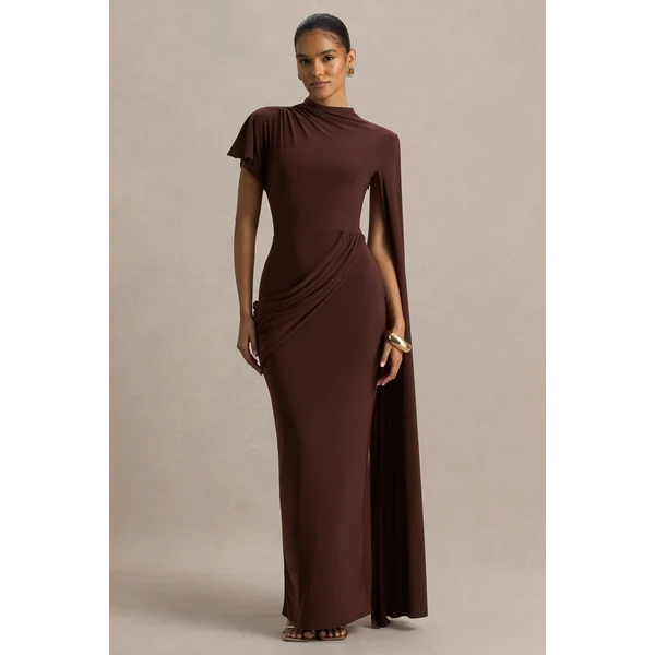 Tropic | Robe longue marron à encolure haute avec manche longue en cape et détails froncés