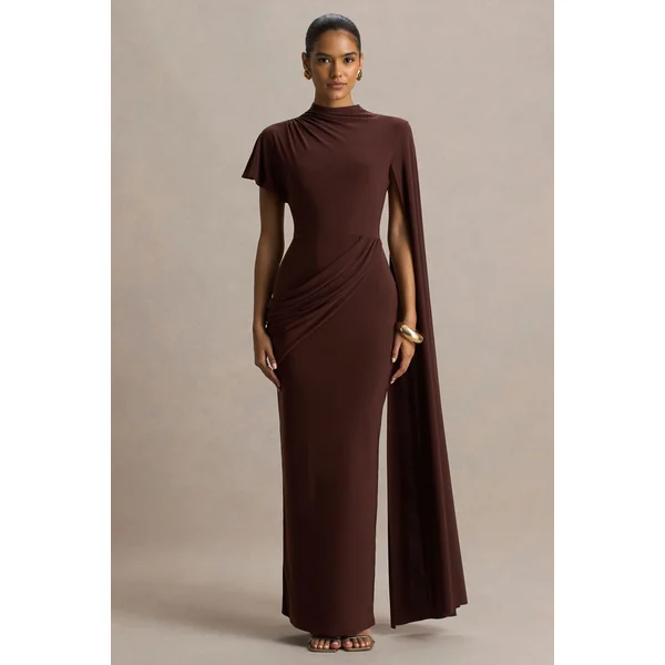 Tropic | Robe longue marron à encolure haute avec manche longue en cape et détails froncés