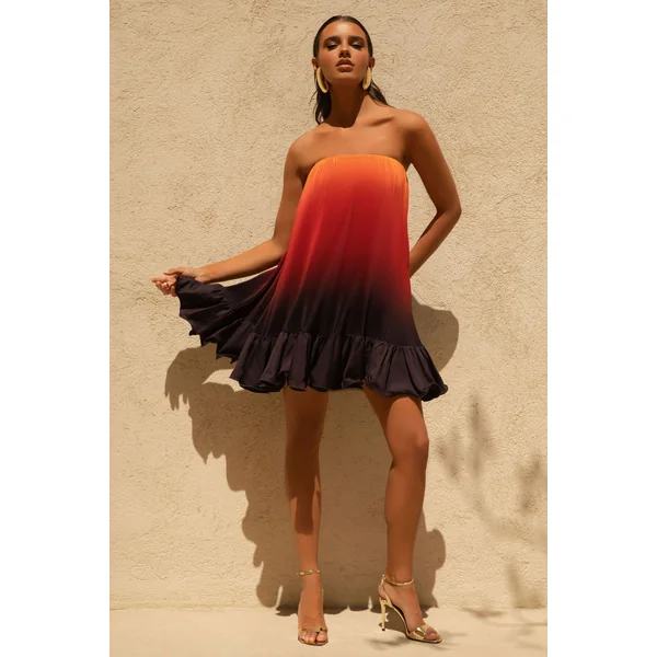 Tropical | Mini-Robe en Satin Dégradé Orange avec Ourlet à Volants