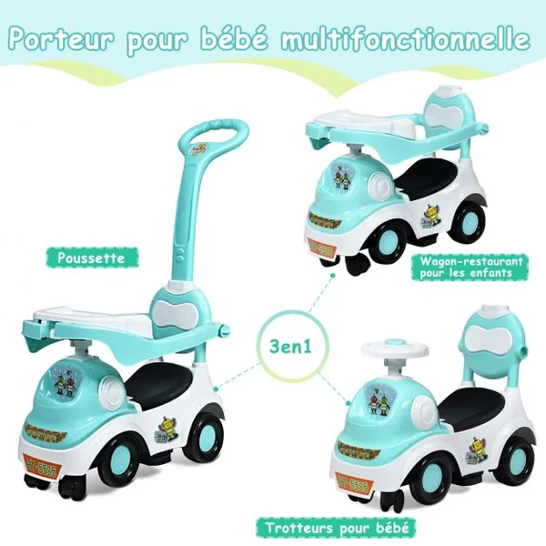 Trotteur 3 en 1 pour Enfants de 18 à 72 Mois Pour Apprendre à Marcher Boîte à Musique 6 Roulettes 52x36x88cm Vert