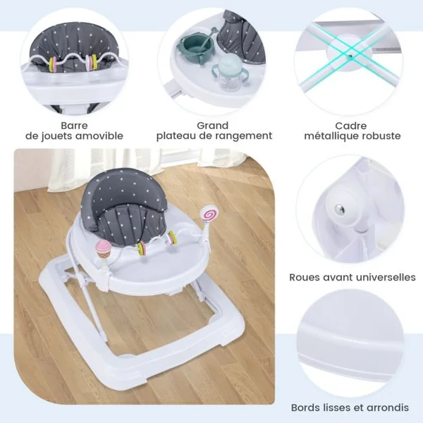 Trotteur Bébé Evolutif avec 3 Hauteur Réglable pour 6-36 Mois Rose