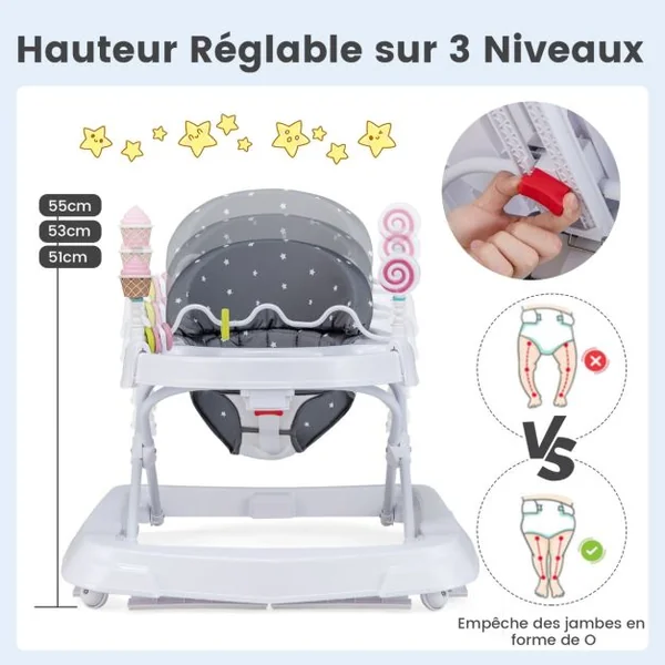 Trotteur Bébé Evolutif avec 3 Hauteur Réglable pour 6-36 Mois Rose