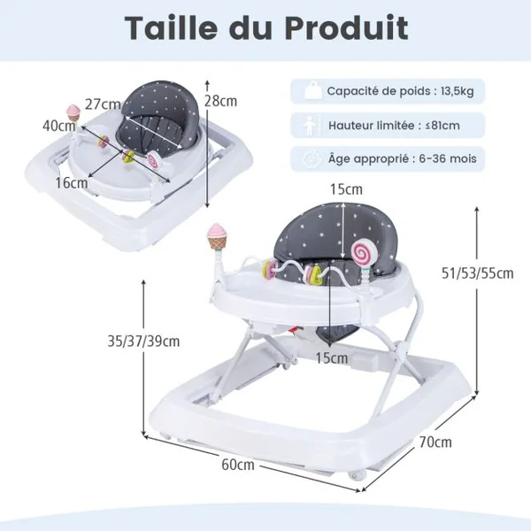Trotteur Bébé Evolutif avec 3 Hauteur Réglable pour 6-36 Mois Rose