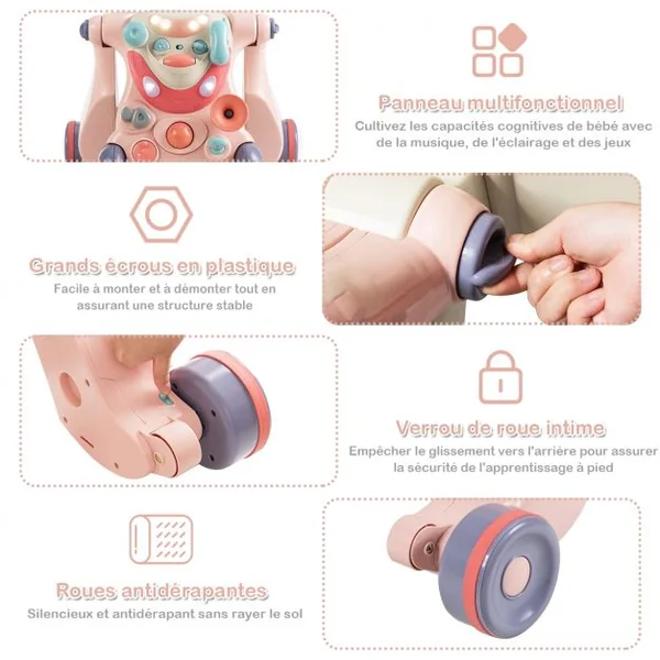 Trotteur Convertible 2 en 1 pour Apprendre à Marcher pour Enfants de 6 à 36 Mois en ABS et PP 61x37x43cm Rose