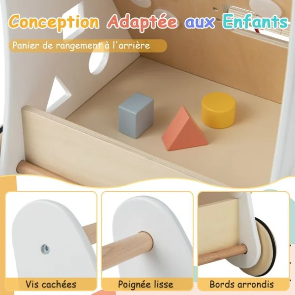 Trotteur en Bois pour Bébé Jouet d'Apprentissage de Marche Centre d'Activités 7-1 Développe la Motricité Stimule la Créativité Blanc