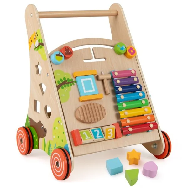 Trotteur en Bois pour Bébé Trotteur à Pousser avec Poignée Rangements Roues Trotteur d'Activités d'Apprentissage pour 3+ Ans Naturel