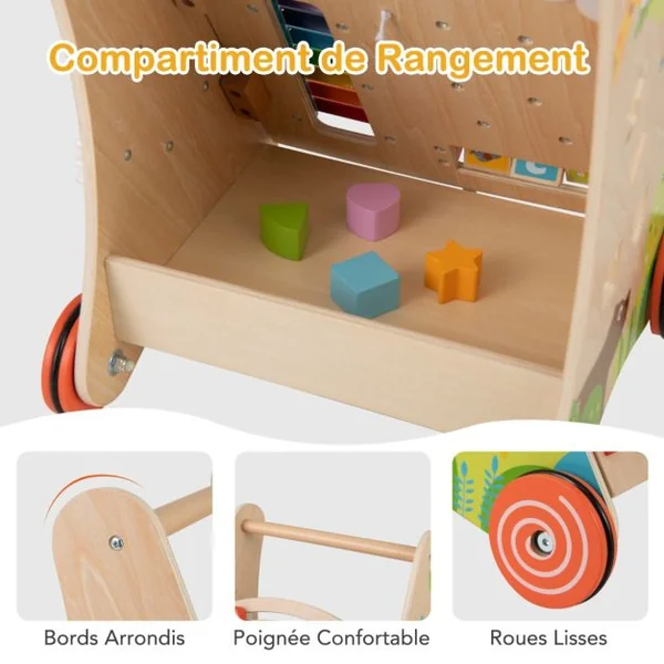 Trotteur en Bois pour Bébé Trotteur à Pousser avec Poignée Rangements Roues Trotteur d'Activités d'Apprentissage pour 3+ Ans Naturel