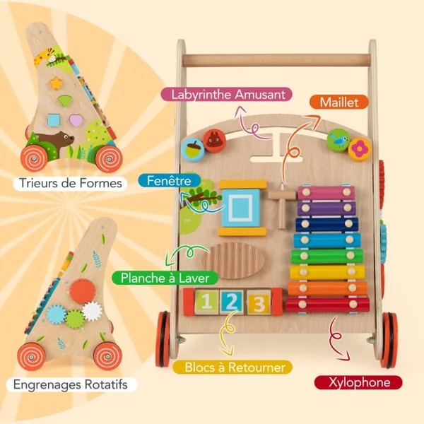 Trotteur en Bois pour Bébé Trotteur à Pousser avec Poignée Rangements Roues Trotteur d'Activités d'Apprentissage pour 3+ Ans Naturel