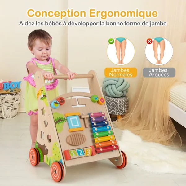 Trotteur en Bois pour Bébé Trotteur à Pousser avec Poignée Rangements Roues Trotteur d'Activités d'Apprentissage pour 3+ Ans Naturel