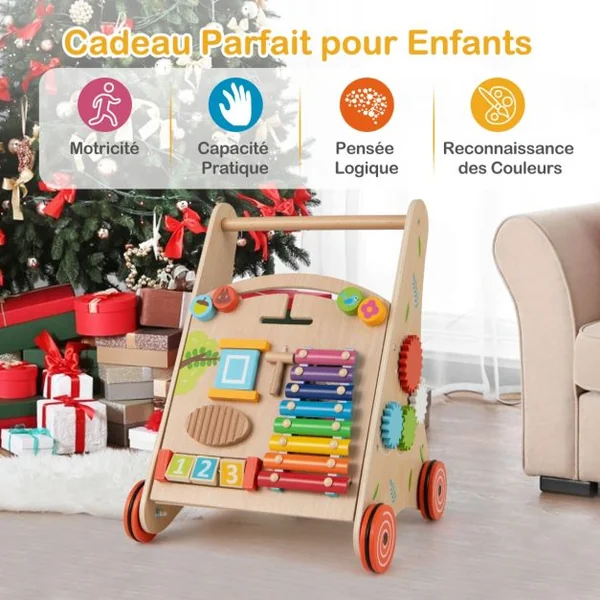 Trotteur en Bois pour Bébé Trotteur à Pousser avec Poignée Rangements Roues Trotteur d'Activités d'Apprentissage pour 3+ Ans Naturel