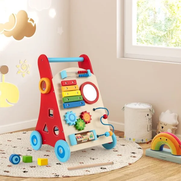 Trotteur en Bois pour Enfants de +3 Ans Trotteur à Pousser avec Poignée Rangements Roues Trotteur d'Activités d'Apprentissage Naturel