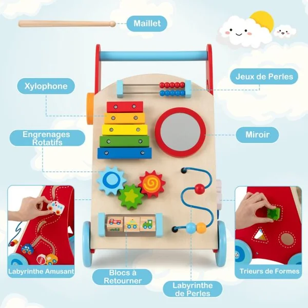 Trotteur en Bois pour Enfants de +3 Ans Trotteur à Pousser avec Poignée Rangements Roues Trotteur d'Activités d'Apprentissage Naturel