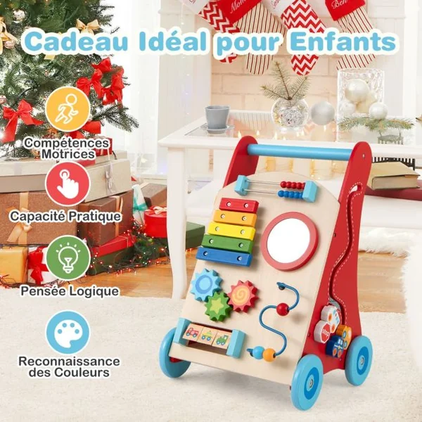 Trotteur en Bois pour Enfants de +3 Ans Trotteur à Pousser avec Poignée Rangements Roues Trotteur d'Activités d'Apprentissage Naturel