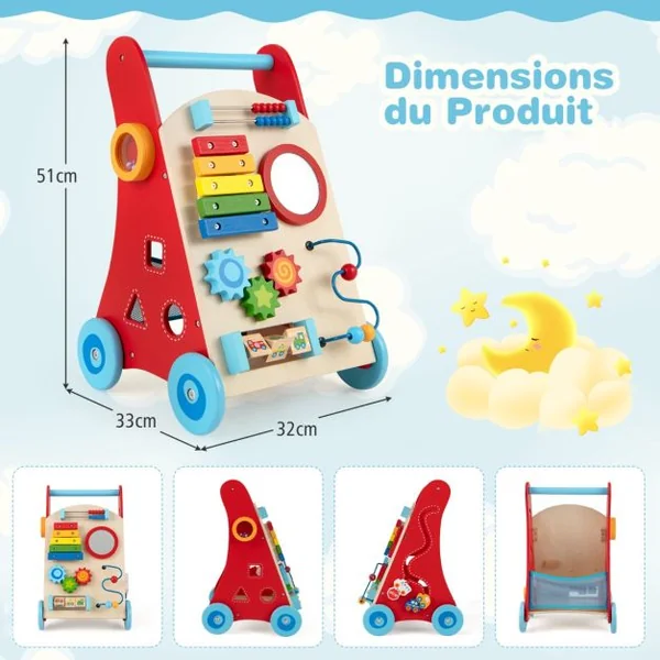 Trotteur en Bois pour Enfants de +3 Ans Trotteur à Pousser avec Poignée Rangements Roues Trotteur d'Activités d'Apprentissage Naturel