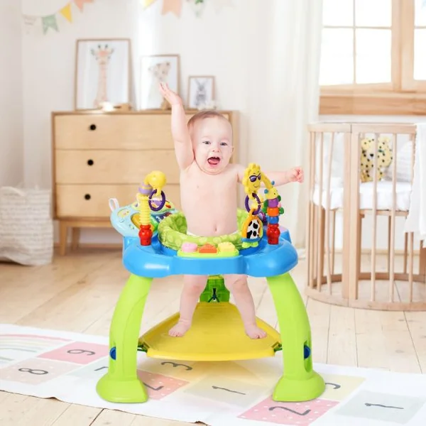 Trotteur Musical Évolutif Bébé 2 en 1 Table d'Activités Siège Pivotant à 360° 3 Hauteurs Réglables 5 Jouets Sensoriels Bleu