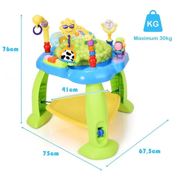 Trotteur Musical Évolutif Bébé 2 en 1 Table d'Activités Siège Pivotant à 360° 3 Hauteurs Réglables 5 Jouets Sensoriels Bleu