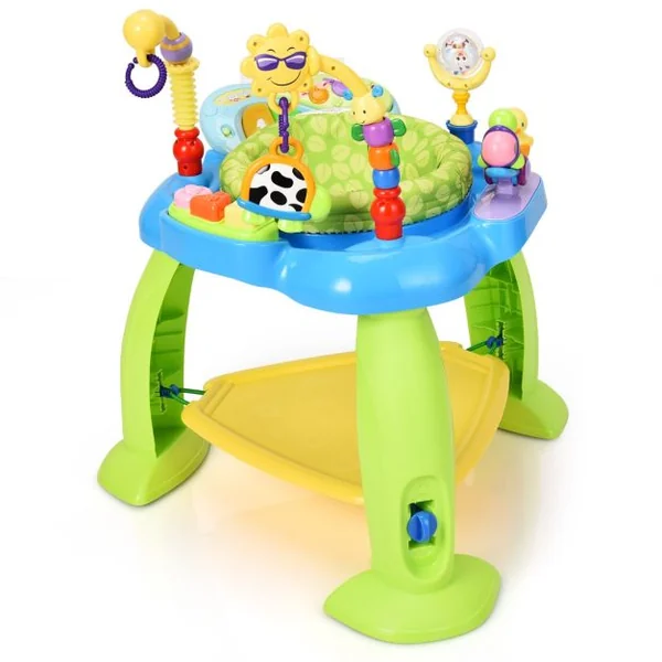 Trotteur Musical Évolutif Bébé 2 en 1 Table d'Activités Siège Pivotant à 360° 3 Hauteurs Réglables 5 Jouets Sensoriels Bleu