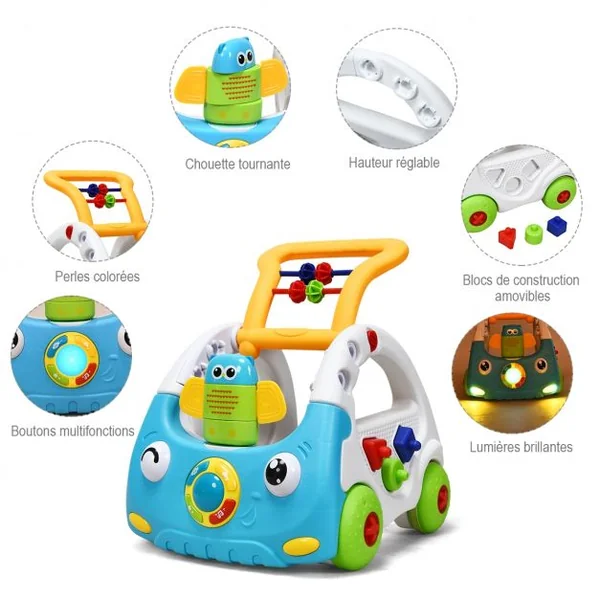 Trotteur Parlant pour Enfants de 6 Mois à 3 Ans pour Apprendre à Marcher Multifonction Sons Lumières 43x38x46cm Bleu