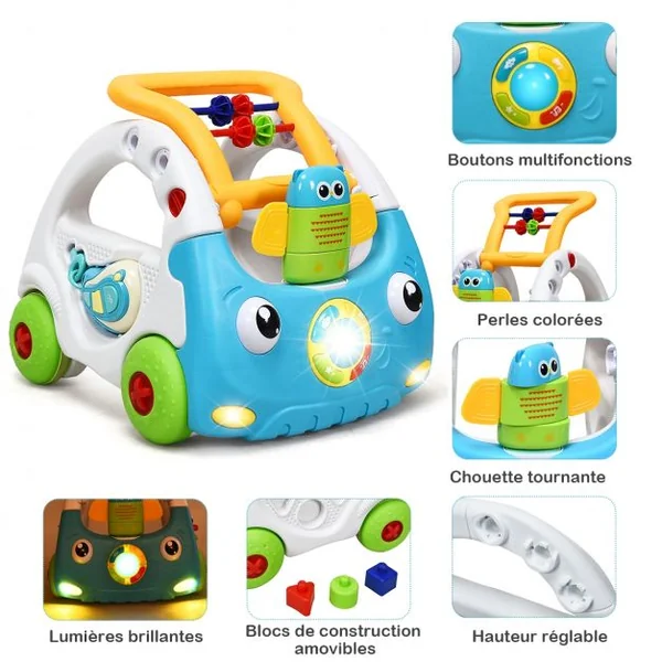 Trotteur Parlant pour Enfants de 6 Mois à 3 Ans pour Apprendre à Marcher Multifonction Sons Lumières 43x38x46cm Bleu