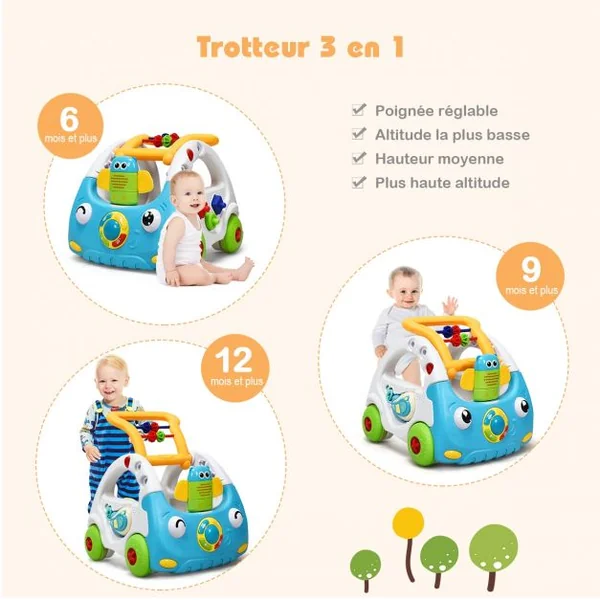 Trotteur Parlant pour Enfants de 6 Mois à 3 Ans pour Apprendre à Marcher Multifonction Sons Lumières 43x38x46cm Bleu