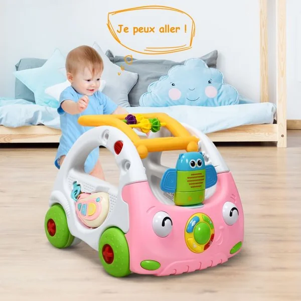 Trotteur Parlant pour Enfants de 6 Mois à 3 Ans pour Apprendre à Marcher Multifonction Sons Lumières 43x38x46cm Rose