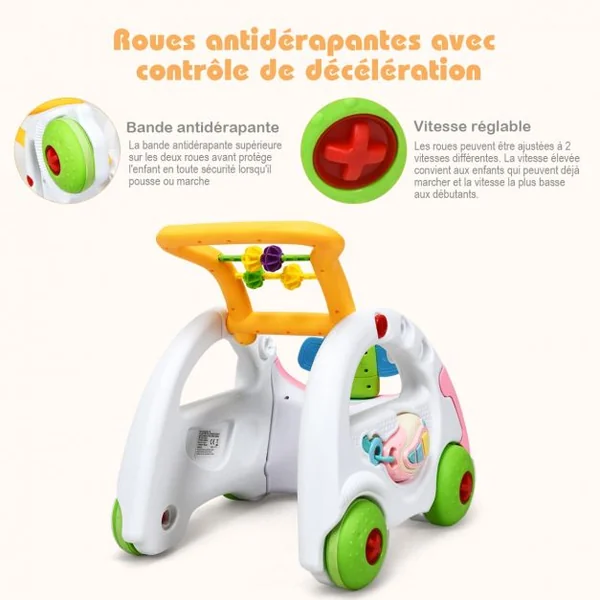 Trotteur Parlant pour Enfants de 6 Mois à 3 Ans pour Apprendre à Marcher Multifonction Sons Lumières 43x38x46cm Rose
