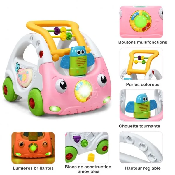 Trotteur Parlant pour Enfants de 6 Mois à 3 Ans pour Apprendre à Marcher Multifonction Sons Lumières 43x38x46cm Rose
