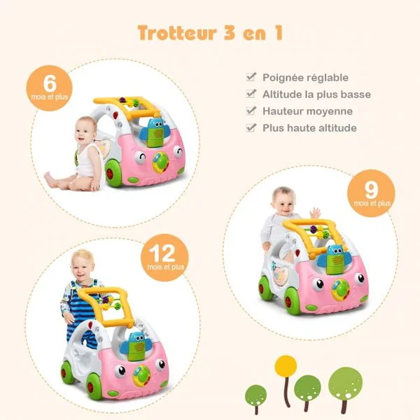 Trotteur Parlant pour Enfants de 6 Mois à 3 Ans pour Apprendre à Marcher Multifonction Sons Lumières 43x38x46cm Rose