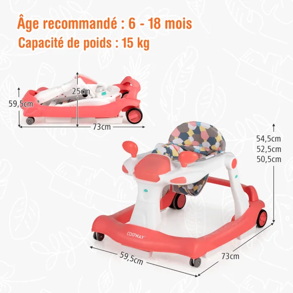 Trotteur Pliable 2 en 1 Hauteur et Vitesse Réglables Effet Sonore avec Lumières Coussin Lavable 6-18 Mois Noir/Vert/Gris/Orange/Noir+Blanc