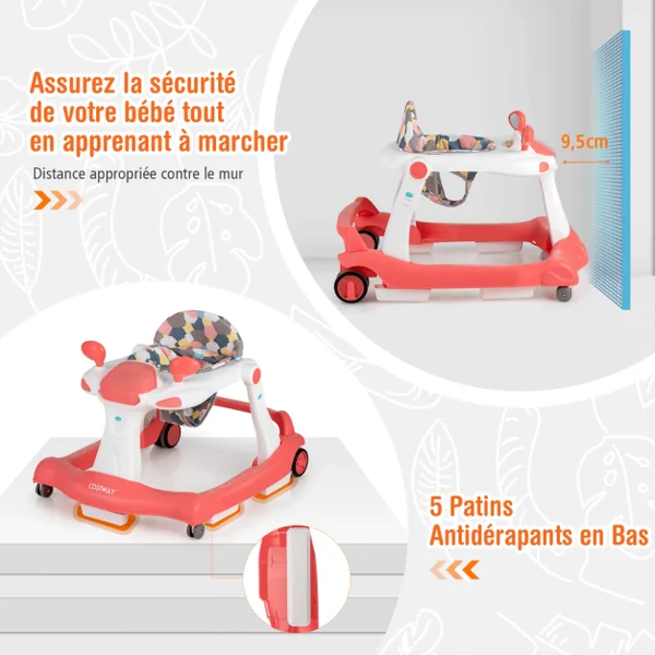 Trotteur Pliable 2 en 1 Hauteur et Vitesse Réglables Effet Sonore avec Lumières Coussin Lavable 6-18 Mois Noir/Vert/Gris/Orange/Noir+Blanc