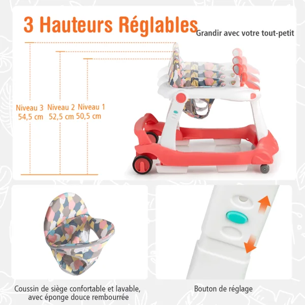 Trotteur Pliable 2 en 1 Hauteur et Vitesse Réglables Effet Sonore avec Lumières Coussin Lavable 6-18 Mois Noir/Vert/Gris/Orange/Noir+Blanc