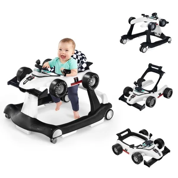 Trotteur Pliable 4 en 1 Pousseur Hauteur et Vitesse Réglables Boîte à Musique avec Lumière Volant Apparence de Voiture Blanc