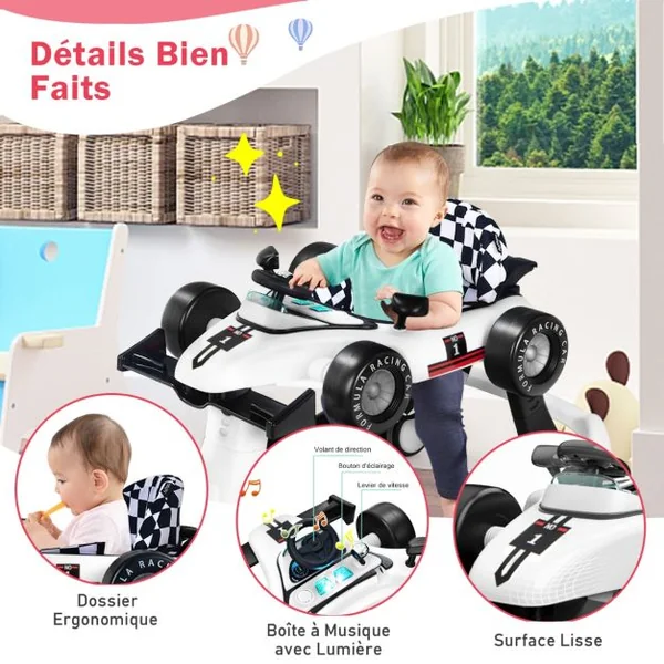 Trotteur Pliable 4 en 1 Pousseur Hauteur et Vitesse Réglables Boîte à Musique avec Lumière Volant Apparence de Voiture Blanc