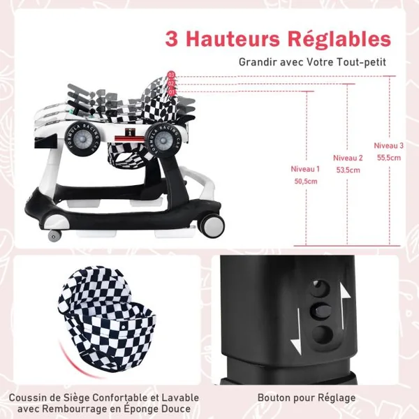 Trotteur Pliable 4 en 1 Pousseur Hauteur et Vitesse Réglables Boîte à Musique avec Lumière Volant Apparence de Voiture Blanc