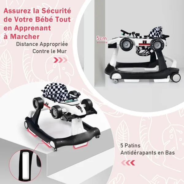 Trotteur Pliable 4 en 1 Pousseur Hauteur et Vitesse Réglables Boîte à Musique avec Lumière Volant Apparence de Voiture Blanc