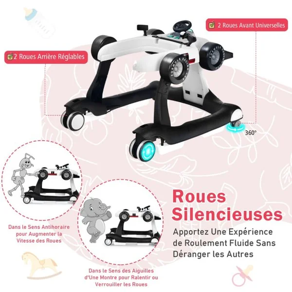 Trotteur Pliable 4 en 1 Pousseur Hauteur et Vitesse Réglables Boîte à Musique avec Lumière Volant Apparence de Voiture Blanc
