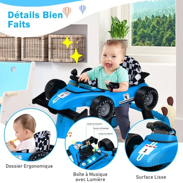Trotteur Pliable 4 en 1 Pousseur Hauteur et Vitesse Réglables Boîte à Musique avec Lumière Volant Apparence de Voiture Bleu