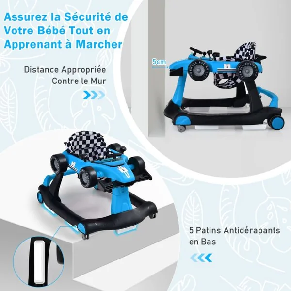 Trotteur Pliable 4 en 1 Pousseur Hauteur et Vitesse Réglables Boîte à Musique avec Lumière Volant Apparence de Voiture Bleu