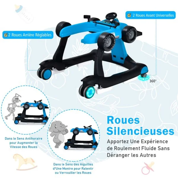 Trotteur Pliable 4 en 1 Pousseur Hauteur et Vitesse Réglables Boîte à Musique avec Lumière Volant Apparence de Voiture Bleu