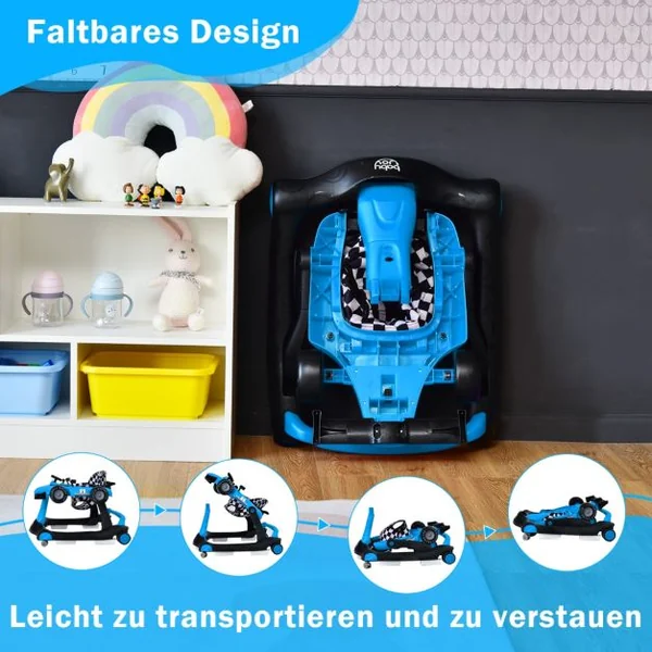 Trotteur Pliable 4 en 1 Pousseur Hauteur et Vitesse Réglables Boîte à Musique avec Lumière Volant Apparence de Voiture Bleu