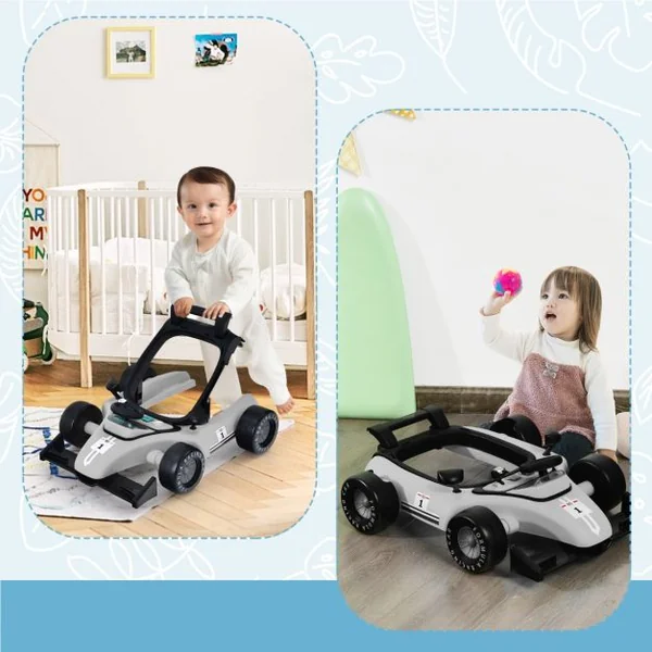 Trotteur Pliable 4 en 1 Pousseur Hauteur et Vitesse Réglables Boîte à Musique avec Lumière Volant Apparence de Voiture Gris