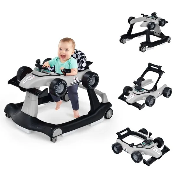 Trotteur Pliable 4 en 1 Pousseur Hauteur et Vitesse Réglables Boîte à Musique avec Lumière Volant Apparence de Voiture Gris