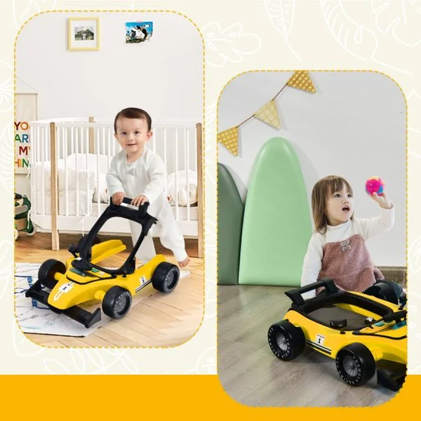 Trotteur Pliable 4 en 1 Pousseur Hauteur et Vitesse Réglables Boîte à Musique avec Lumière Volant Apparence de Voiture Jaune