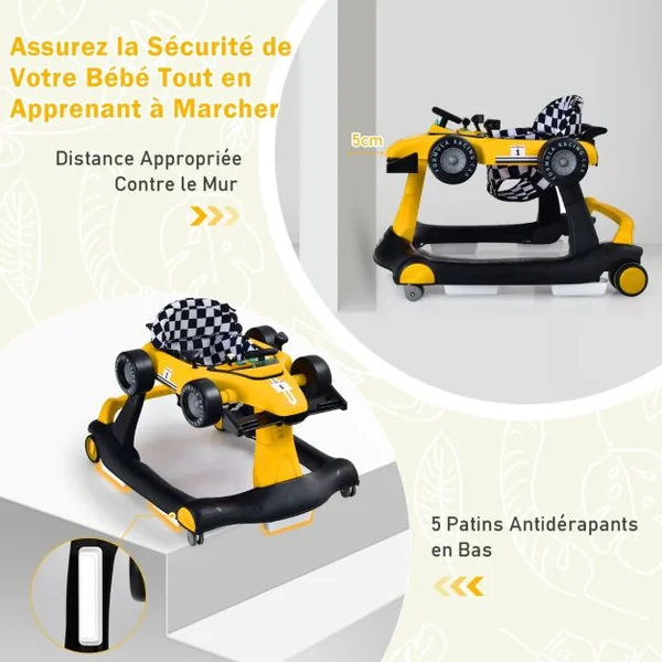 Trotteur Pliable 4 en 1 Pousseur Hauteur et Vitesse Réglables Boîte à Musique avec Lumière Volant Apparence de Voiture Jaune