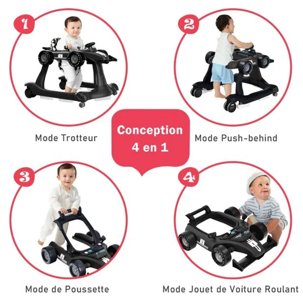 Trotteur Pliable 4 en 1 Pousseur Hauteur et Vitesse Réglables Boîte à Musique avec Lumière Volant Apparence de Voiture Noir