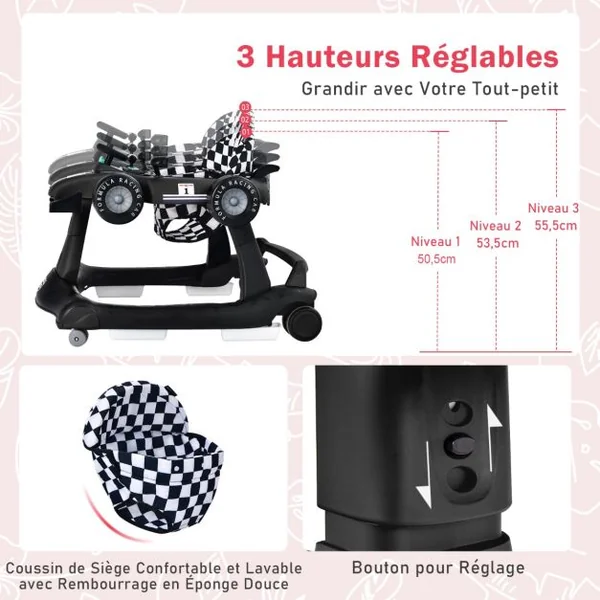 Trotteur Pliable 4 en 1 Pousseur Hauteur et Vitesse Réglables Boîte à Musique avec Lumière Volant Apparence de Voiture Noir