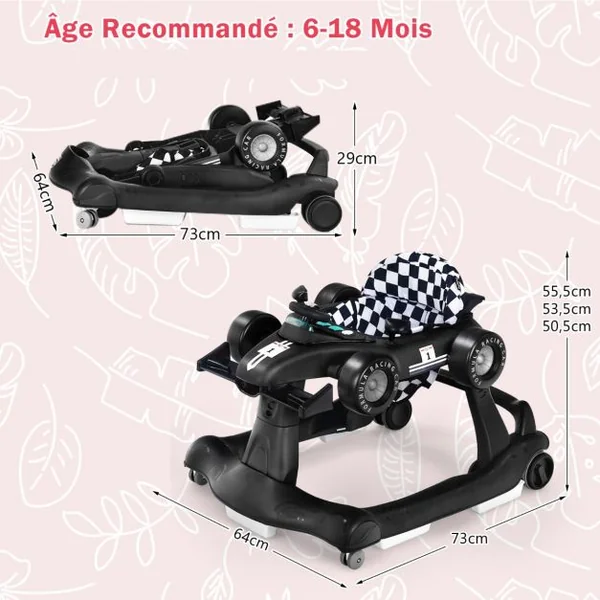 Trotteur Pliable 4 en 1 Pousseur Hauteur et Vitesse Réglables Boîte à Musique avec Lumière Volant Apparence de Voiture Noir