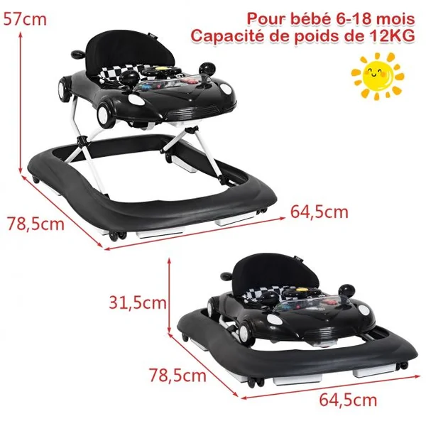 Trotteur Pliable Musical pour Bébé de 6 à 18 Mois Trotteur 3 en 1 Hauteur Réglable en Pp 78,5x64,5x12,5-22,5cm Noir