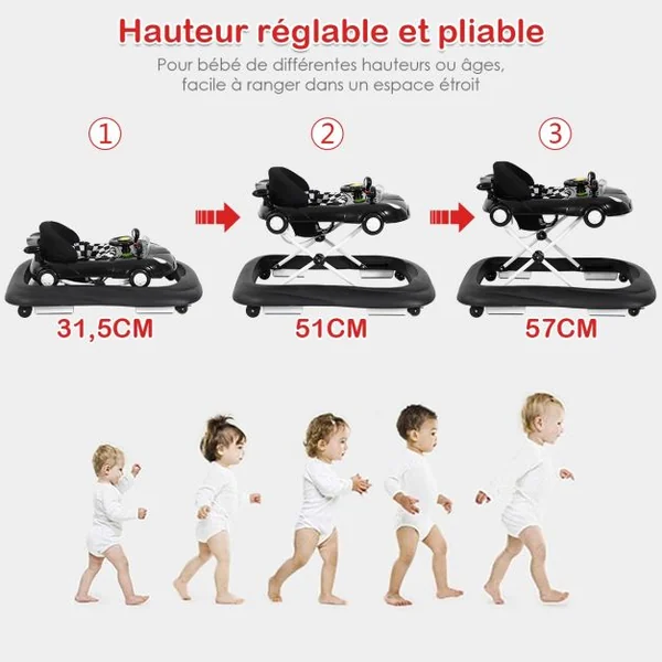 Trotteur Pliable Musical pour Bébé de 6 à 18 Mois Trotteur 3 en 1 Hauteur Réglable en Pp 78,5x64,5x12,5-22,5cm Noir
